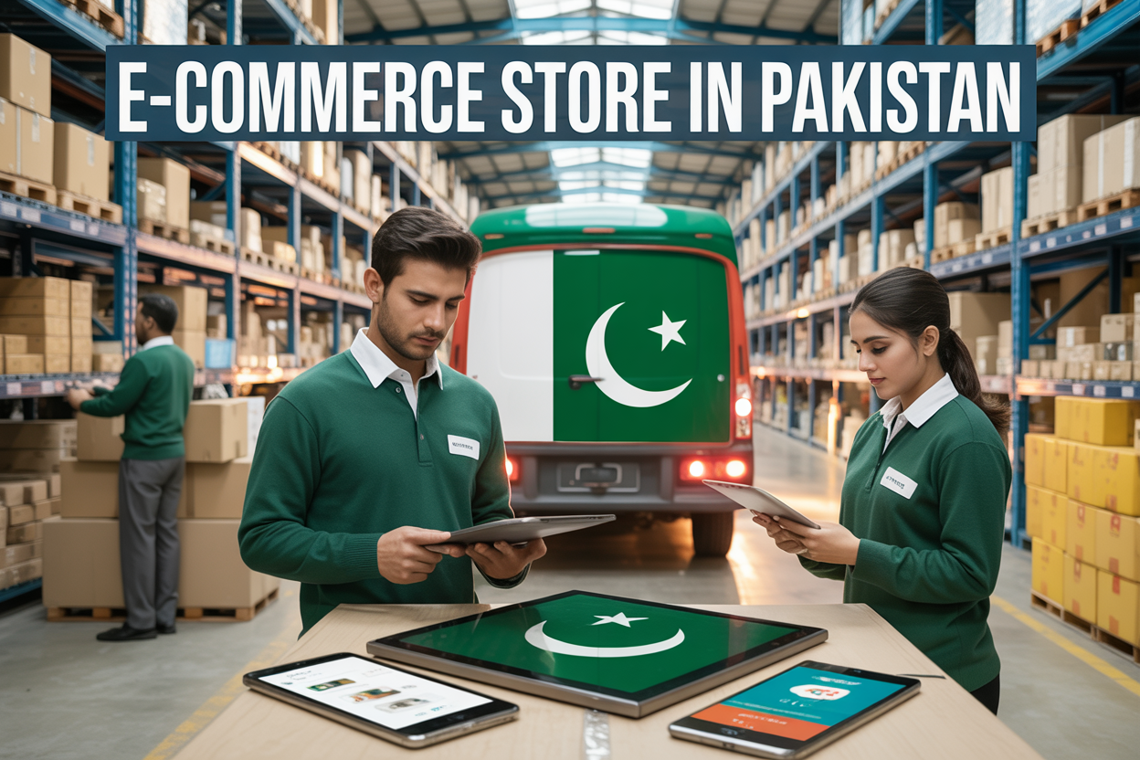 Create a realistic image of a modern Pakistani e-commerce warehouse with South Asian male and female workers in professional attire handling packages and using tablets, featuring Pakistan's flag colors (green and white) in the branding, with delivery trucks visible in the background, smartphones displaying shopping apps in the foreground, and warm professional lighting, with the text "E-commerce Store in Pakistan" prominently displayed at the top of the image.