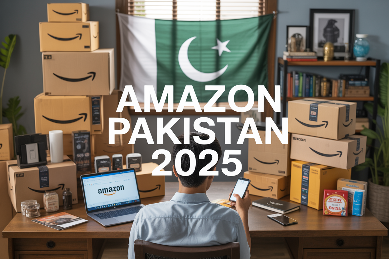 Create a realistic image of a modern e-commerce scene featuring Amazon packages and products arranged on a wooden desk, with a Pakistani flag subtly displayed in the background, a laptop screen showing the Amazon website, various popular product categories like electronics, books, and household items scattered around, warm natural lighting from a window, and bold text overlay reading "Amazon Pakistan 2025" in modern sans-serif font, with a South Asian male customer sitting at the desk looking satisfied while holding a smartphone for online shopping.