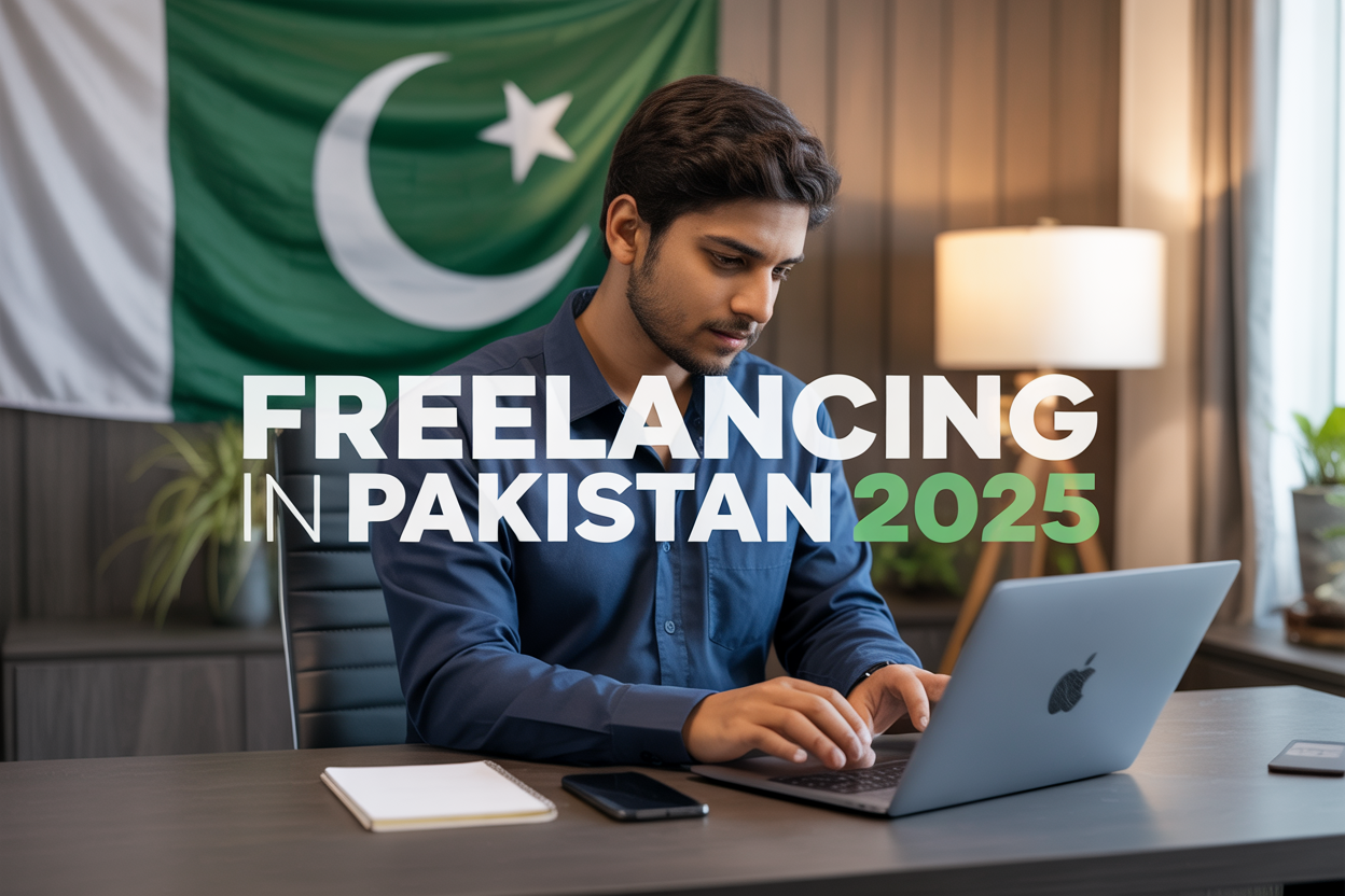Create a realistic image of a young South Asian male freelancer sitting at a modern desk with a laptop, smartphone, and notepad in a contemporary home office setting, with Pakistan's flag subtly visible in the background, warm natural lighting from a window, the person actively typing with a focused expression, and the text "Freelancing in Pakistan 2025" displayed prominently in modern typography overlay.