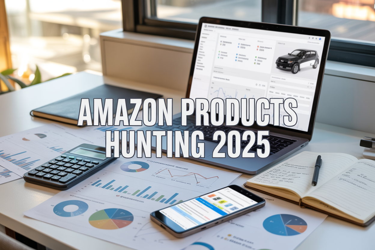 Create a realistic image of a modern workspace with a laptop displaying Amazon product search results and analytics dashboards, surrounded by financial charts, graphs, and research documents spread across a clean white desk, with a calculator, smartphone showing product listings, and notebooks with handwritten notes, featuring warm natural lighting from a window, and include the text "AMAZON PRODUCTS HUNTING 2025" prominently displayed as an overlay in bold, professional font.