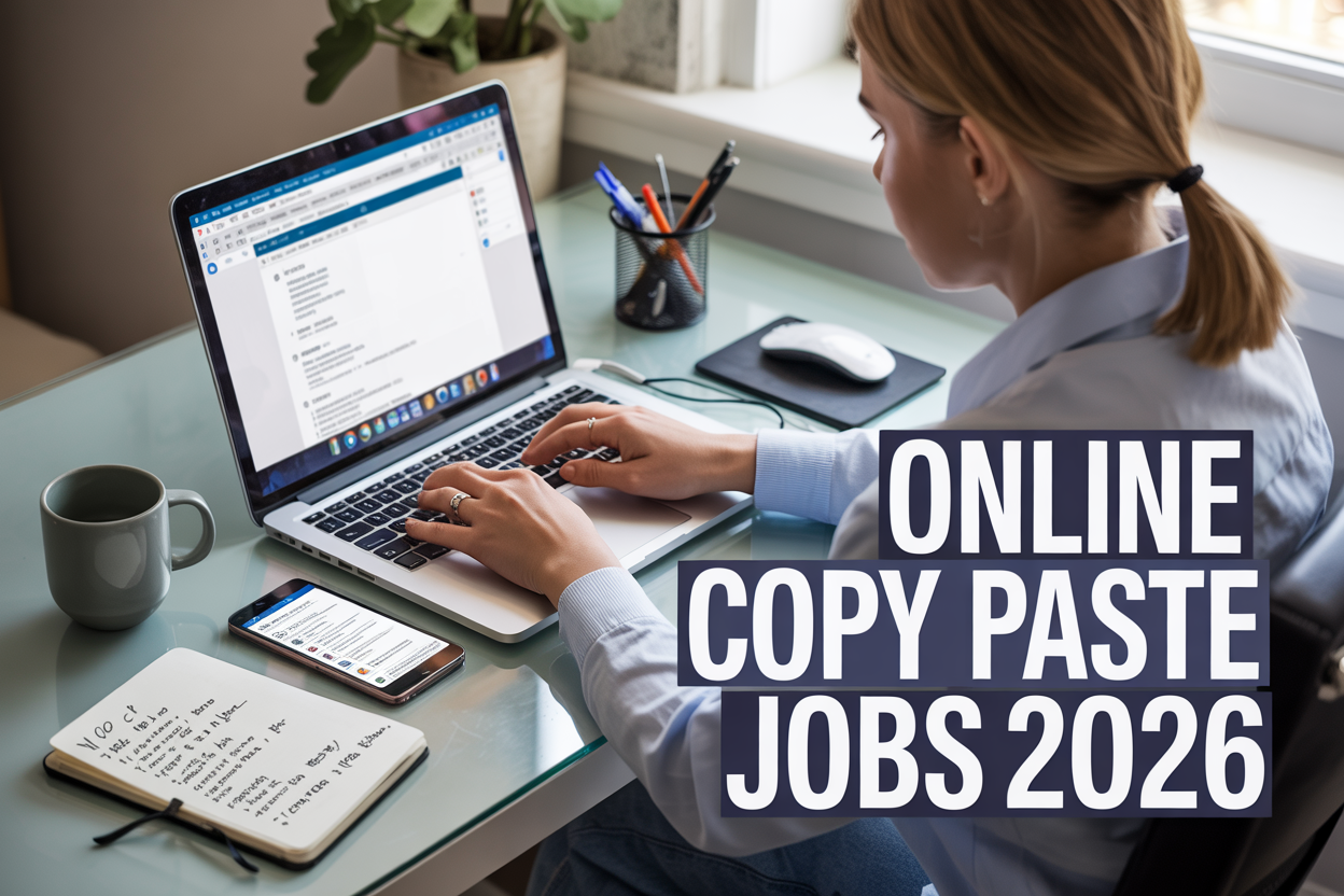 Create a realistic image of a modern home office setup with a white female in her 20s sitting at a clean desk typing on a laptop computer, with multiple browser windows visible on the screen showing text content being copied, a smartphone displaying job listings beside the laptop, a notebook with handwritten notes about online work, soft natural lighting from a window, organized workspace with a coffee mug and pen holder, and bold text overlay reading "ONLINE COPY PASTE JOBS 2026" in modern blue and white typography.