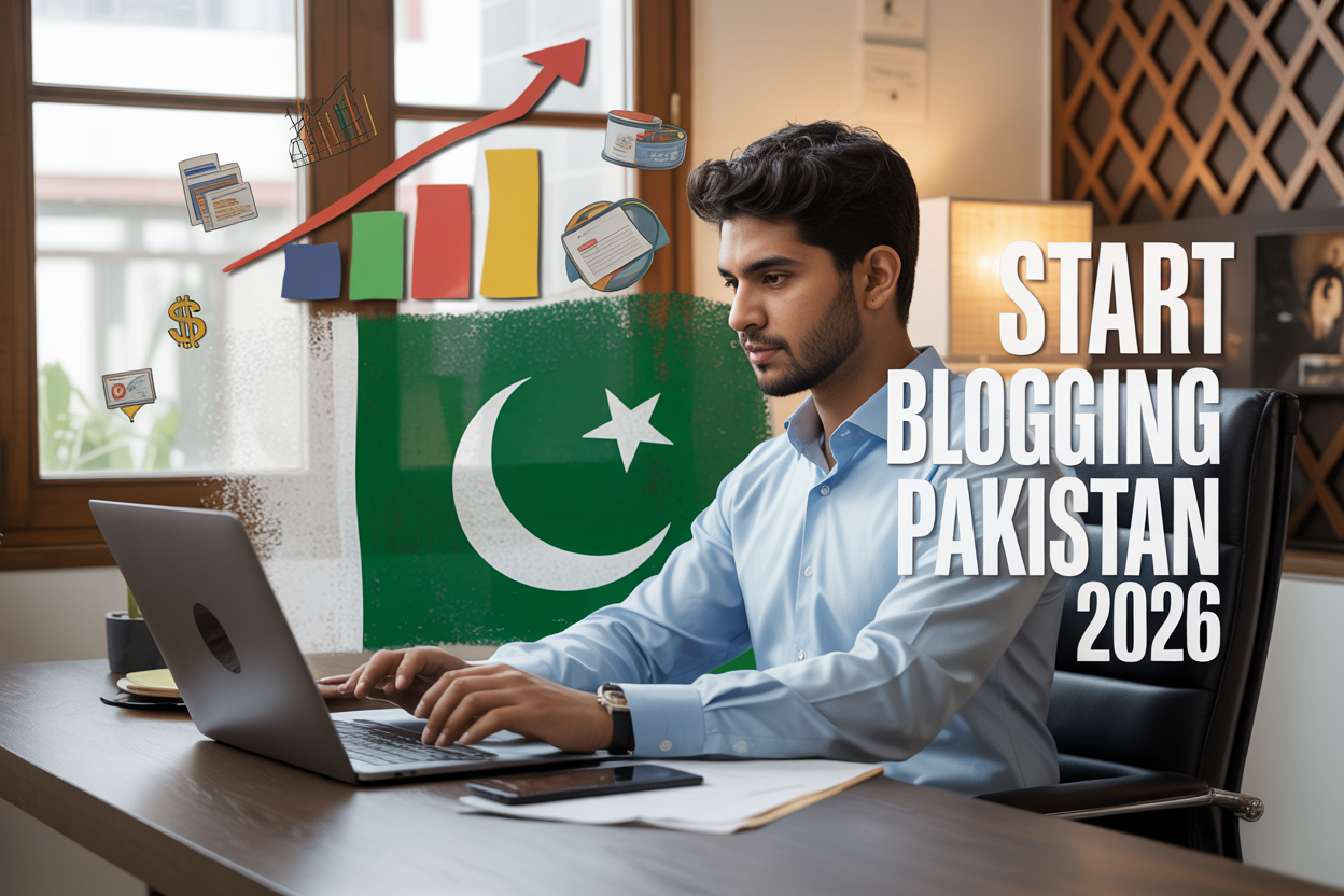 Create a realistic image of a young Pakistani male blogger sitting at a modern desk with a laptop computer, typing on the keyboard with Pakistani flag colors subtly integrated into the background design, surrounded by visual elements representing blogging success like growth charts, money symbols, and blog post icons, with warm natural lighting from a window, and bold text overlay reading "Start Blogging Pakistan 2026" in modern typography, set in a contemporary home office environment with traditional Pakistani decorative elements like geometric patterns on the wall.