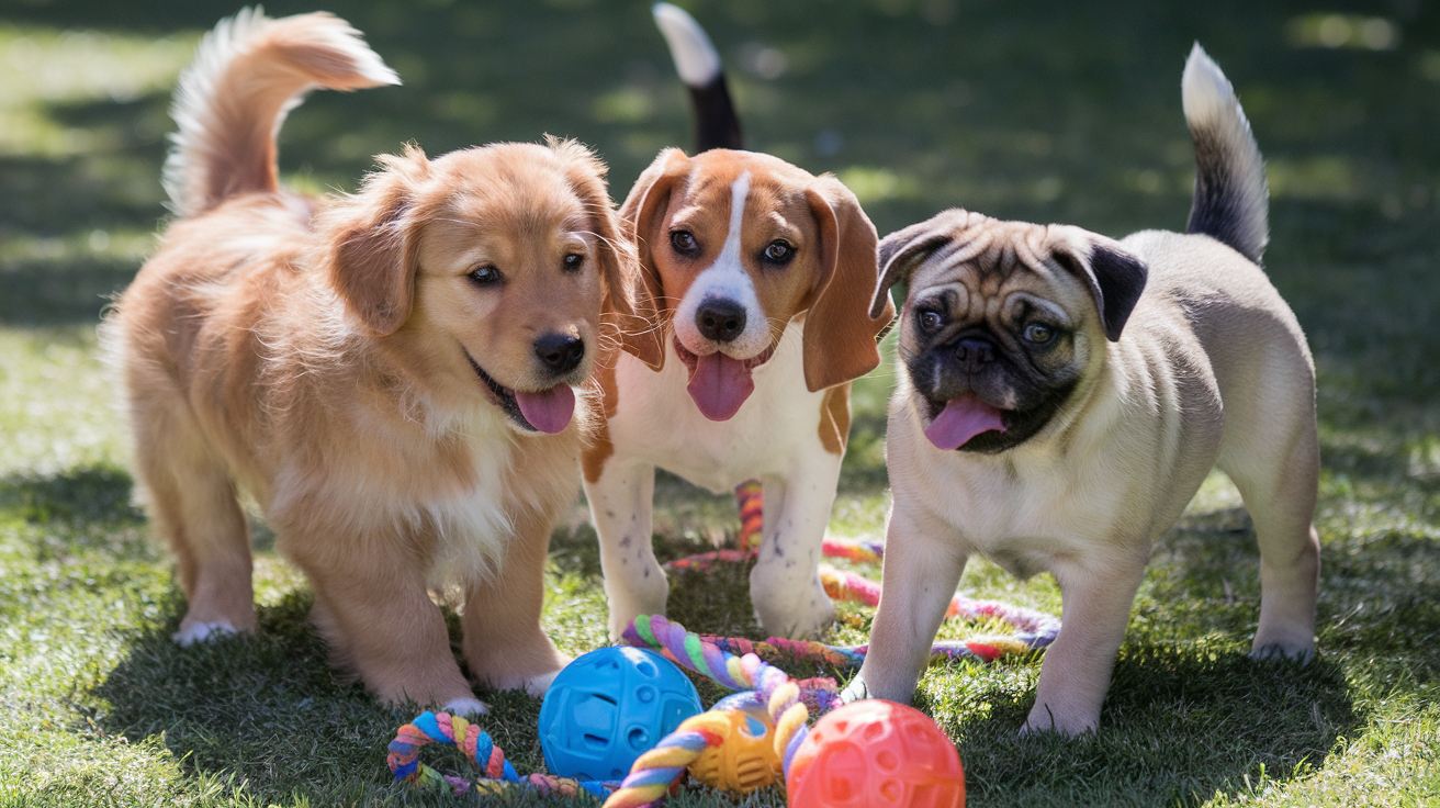 Create a realistic image of three adorable puppies of different breeds (a golden retriever, a beagle, and a pug) playing together on a sunny grass lawn, surrounded by colorful toys like balls and chew ropes, with their tails wagging and tongues out, conveying a joyful and heartwarming mood, with soft natural lighting highlighting their playful expressions and fluffy fur.