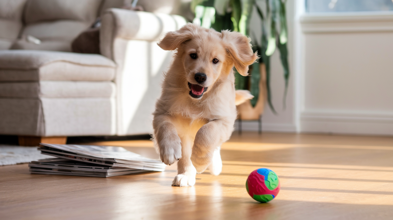 Create a realistic image of a playful golden retriever puppy with floppy ears and soft fur, chasing a colorful rubber ball across a sunlit living room floor, knocking over a stack of magazines in its excited pursuit, with a cozy sofa and potted plant visible in the background, capturing a moment of pure joy and innocent mischief.
