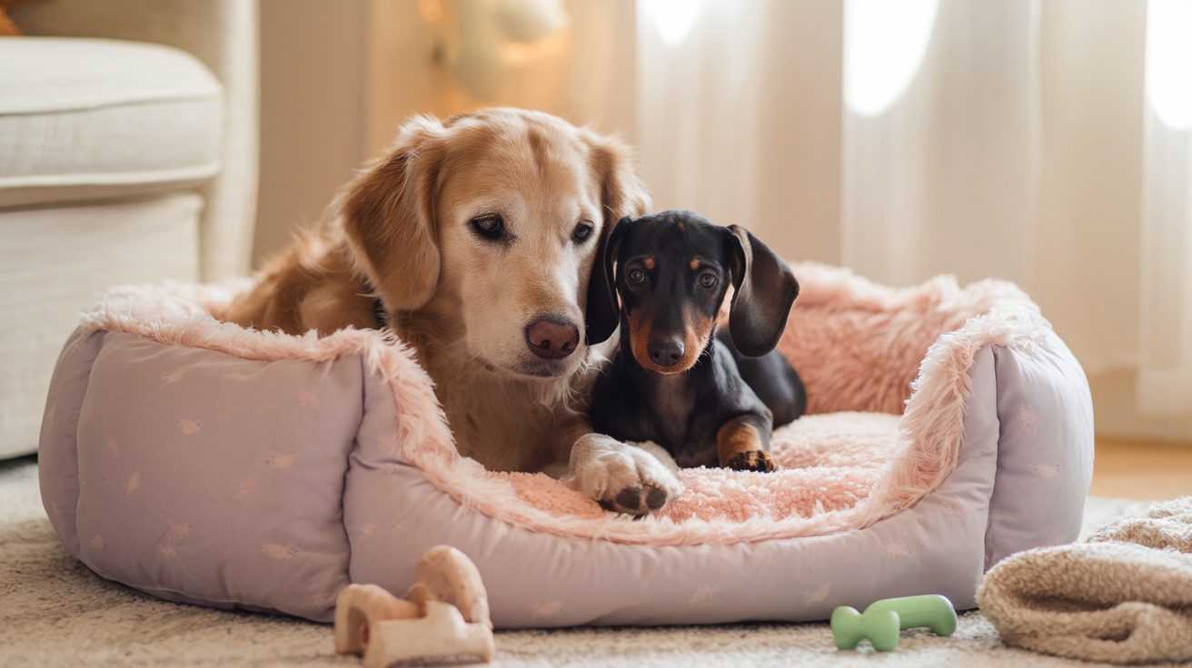 Create a realistic image of two adorable puppies, one golden retriever and one dachshund, cuddling together on a plush, cozy dog bed with soft pastel colors, surrounded by a few chew toys and a fuzzy blanket, in a warm and inviting living room setting with soft, natural light streaming through a nearby window, creating a heartwarming and cheerful atmosphere.