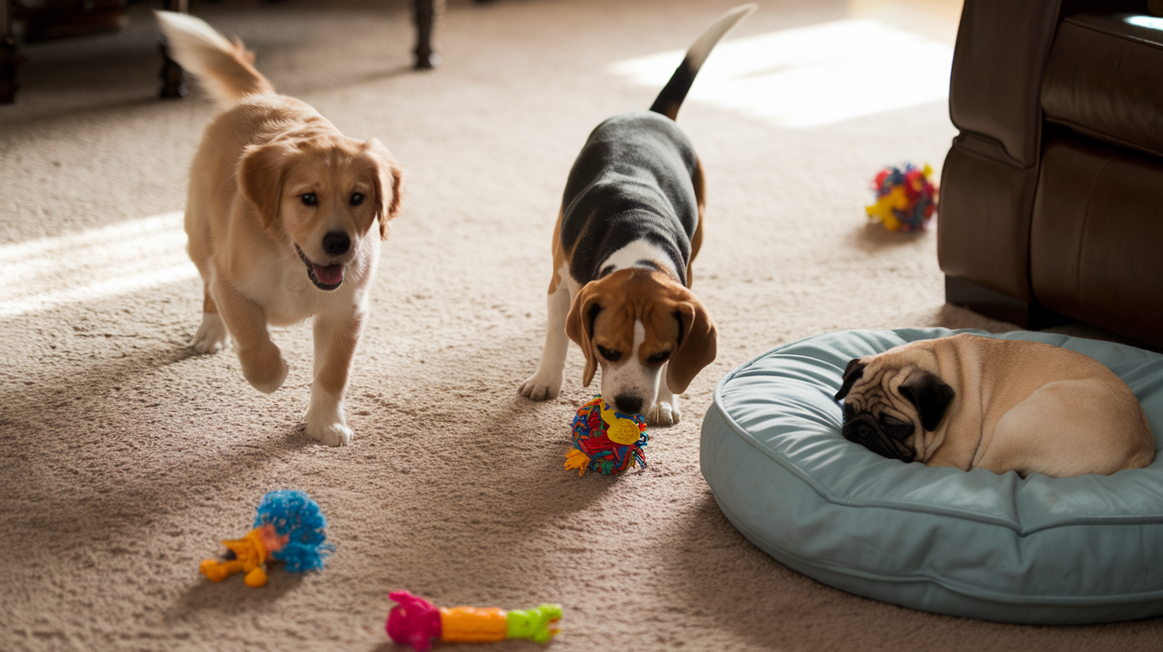 Create a realistic image of three adorable puppies with distinct personalities: a playful Golden Retriever chasing its tail, a curious Beagle sniffing a colorful toy, and a sleepy Pug curled up on a soft cushion, all set against a warm, sunlit living room background with a plush carpet and scattered dog toys.