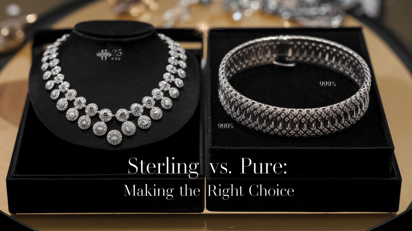 Create a realistic image of two elegant silver jewelry pieces side by side on a black velvet display - a 925 sterling silver necklace on the left with visible hallmark and a pure silver (99.9%) bracelet on the right with its hallmark, with a subtle sparkle highlighting their different lustrous qualities, and the text "Sterling vs. Pure: Making the Right Choice" in elegant typography across the bottom.