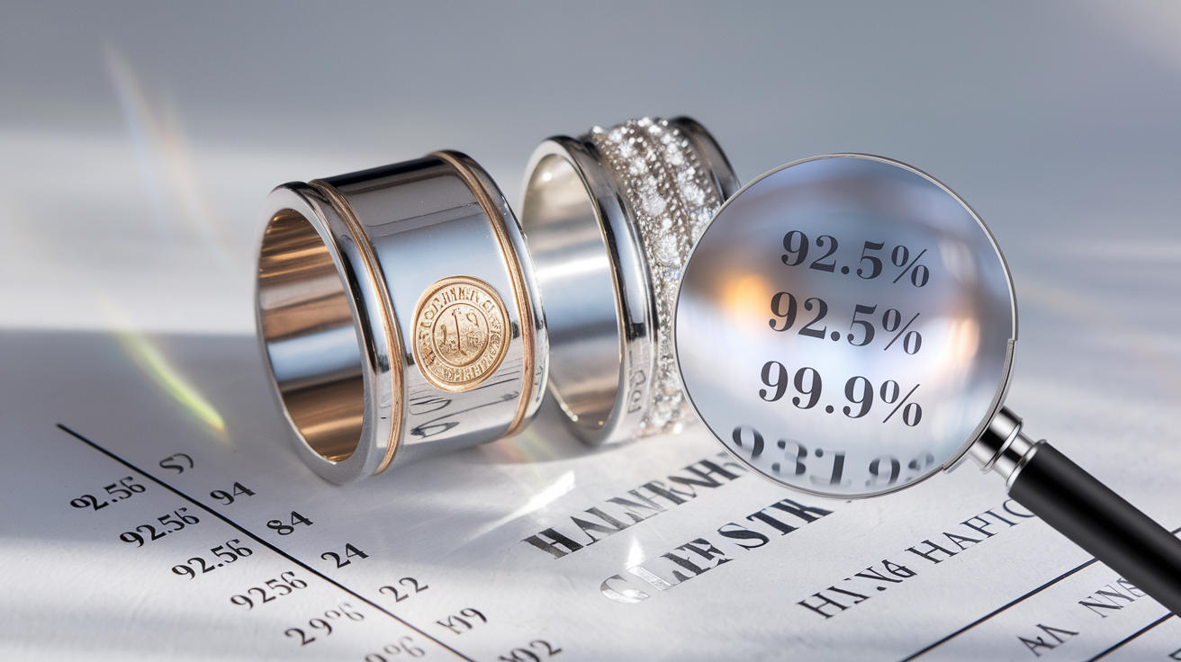 Create a realistic image of sterling silver and pure silver jewelry pieces side by side on a clean white surface, with a magnifying glass highlighting the hallmark stamps showing different purity levels, soft studio lighting creating subtle reflections on the metal surfaces, a silver purity chart visible in the background showing percentages of 92.5% and 99.9%.