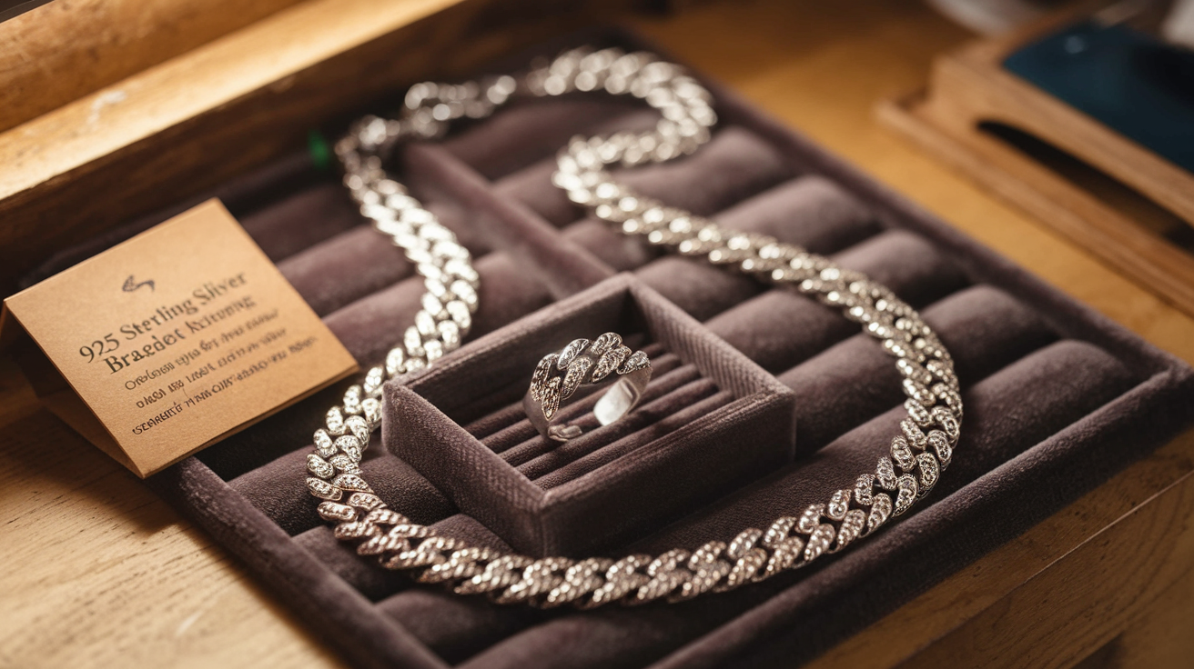 Create a realistic image of a jeweler's workbench with 925 sterling silver jewelry pieces including a necklace, ring, and bracelet prominently displayed, showing their lustrous shine under warm studio lighting, with a small information card highlighting durability and tarnish resistance benefits, all arranged on a soft dark velvet cloth that enhances the silver's brilliance.