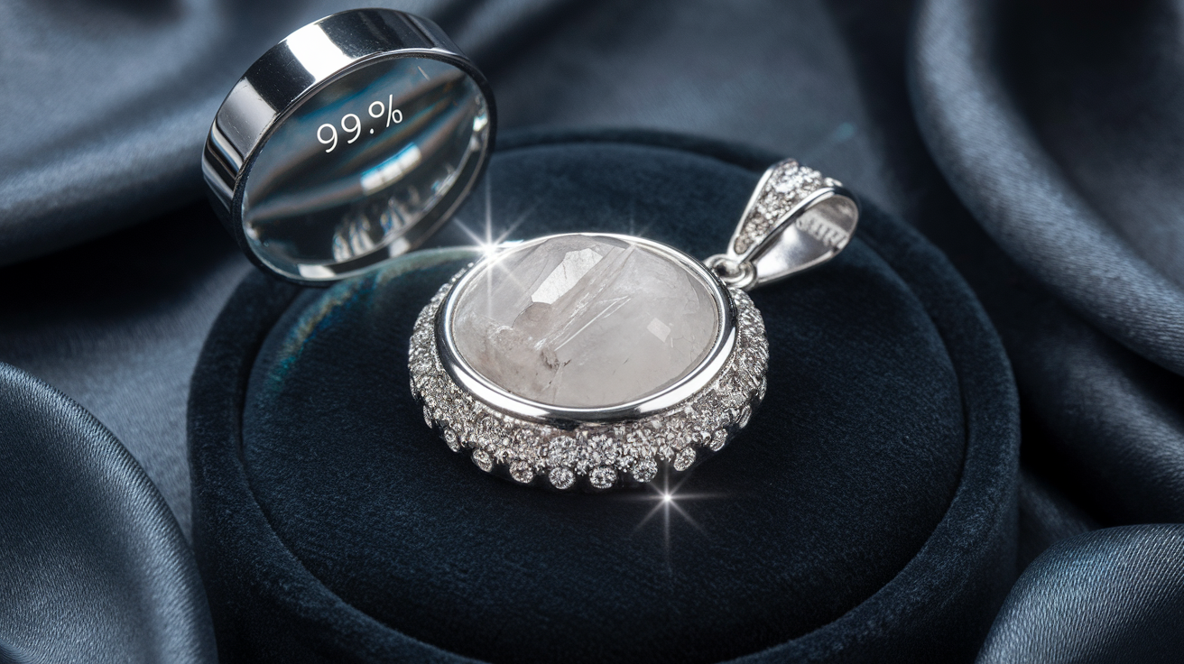 Create a realistic image of a gleaming piece of pure silver jewelry on a dark velvet display cloth, with light reflecting off its bright white surface highlighting its superior luster compared to other silver types, with a small magnifying glass nearby showing the 99.9% purity mark, conveying the premium quality and exceptional reflectivity that makes pure silver unique.