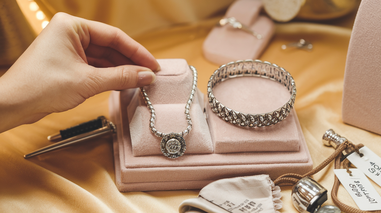 Create a realistic image of a close-up view of a jewelry selection process, showing hands (of a white female) comparing and examining a 925 sterling silver necklace and a pure silver bracelet side by side on a velvet display cloth, with a jewelry loupe, polishing cloth, and price tags nearby, in warm boutique lighting that highlights the different sheens of the metals.