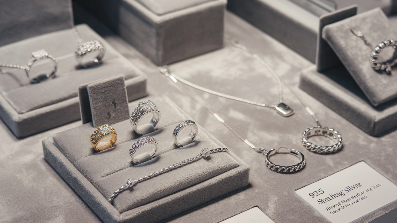 Create a realistic image of an elegant jewelry display showing side-by-side comparisons of 925 sterling silver and pure silver jewelry items - rings, necklaces, and bracelets on a neutral gray velvet surface with professional lighting highlighting the subtle color differences and textures between the two silver types, with small information cards beside each piece explaining their unique properties.