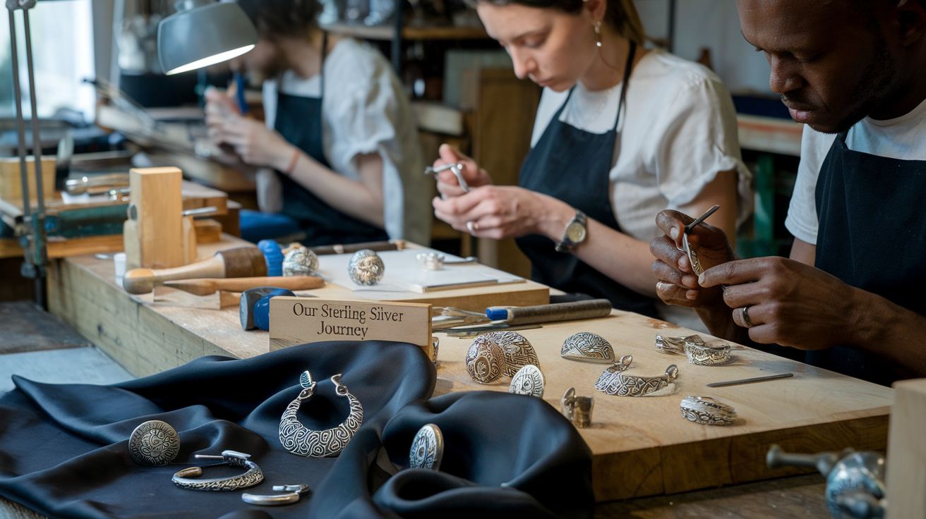 Create a realistic image of a well-lit artisan workshop with a diverse group of craftspeople (white female, black male) carefully working on intricate sterling silver jewelry pieces, surrounded by tools and raw silver materials, with finished 925-marked pieces displayed on elegant dark fabric in the foreground, and a small engraved sign reading "Our Sterling Silver Journey" visible on a wooden workbench.