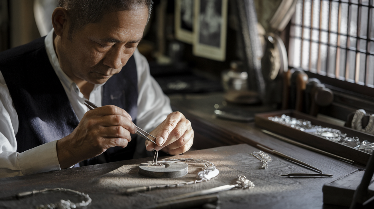 Create a realistic image of a middle-aged Asian male artisan carefully crafting sterling silver jewelry at a traditional workbench, with tools and silver materials surrounding him, soft natural light streaming through a workshop window, highlighting the intricate details of a half-finished piece, with vintage photographs and completed silver jewelry pieces displayed in the background, conveying craftsmanship, heritage and dedication.