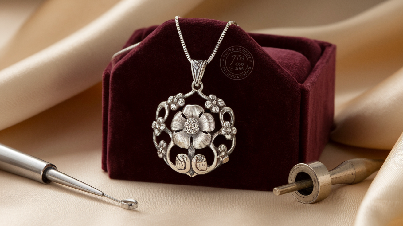 Create a realistic image of a close-up of a gleaming 925 sterling silver jewelry piece with intricate craftsmanship, showing the hallmark stamp, placed on a luxurious dark velvet display, with soft studio lighting highlighting the silver's luster and purity, and a few crafting tools carefully arranged nearby to suggest handmade quality.