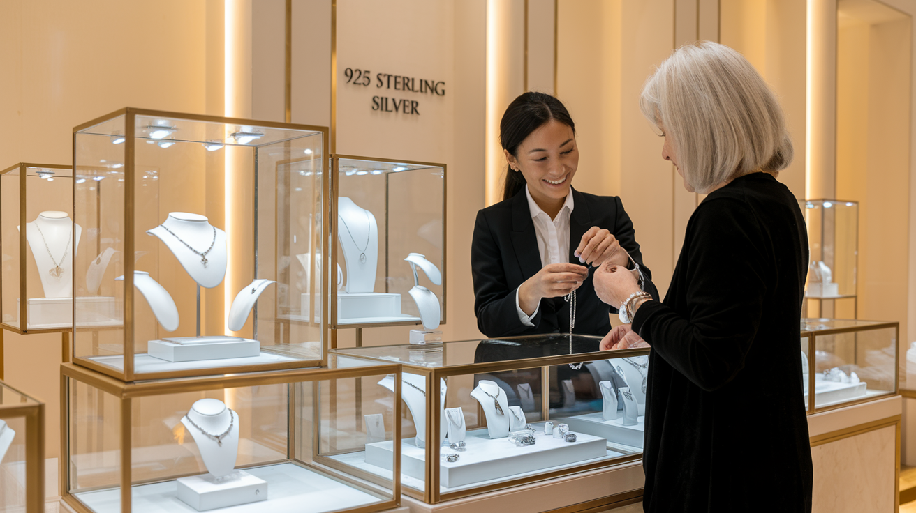 Create a realistic image of a bright, modern silver jewelry store interior with elegant glass display cases showing 925 sterling silver pieces, a smiling female Asian sales associate helping a middle-aged white female customer try on a silver bracelet, warm lighting highlighting the jewelry's shine, and subtle signage reading "925 Sterling Silver" in the background.