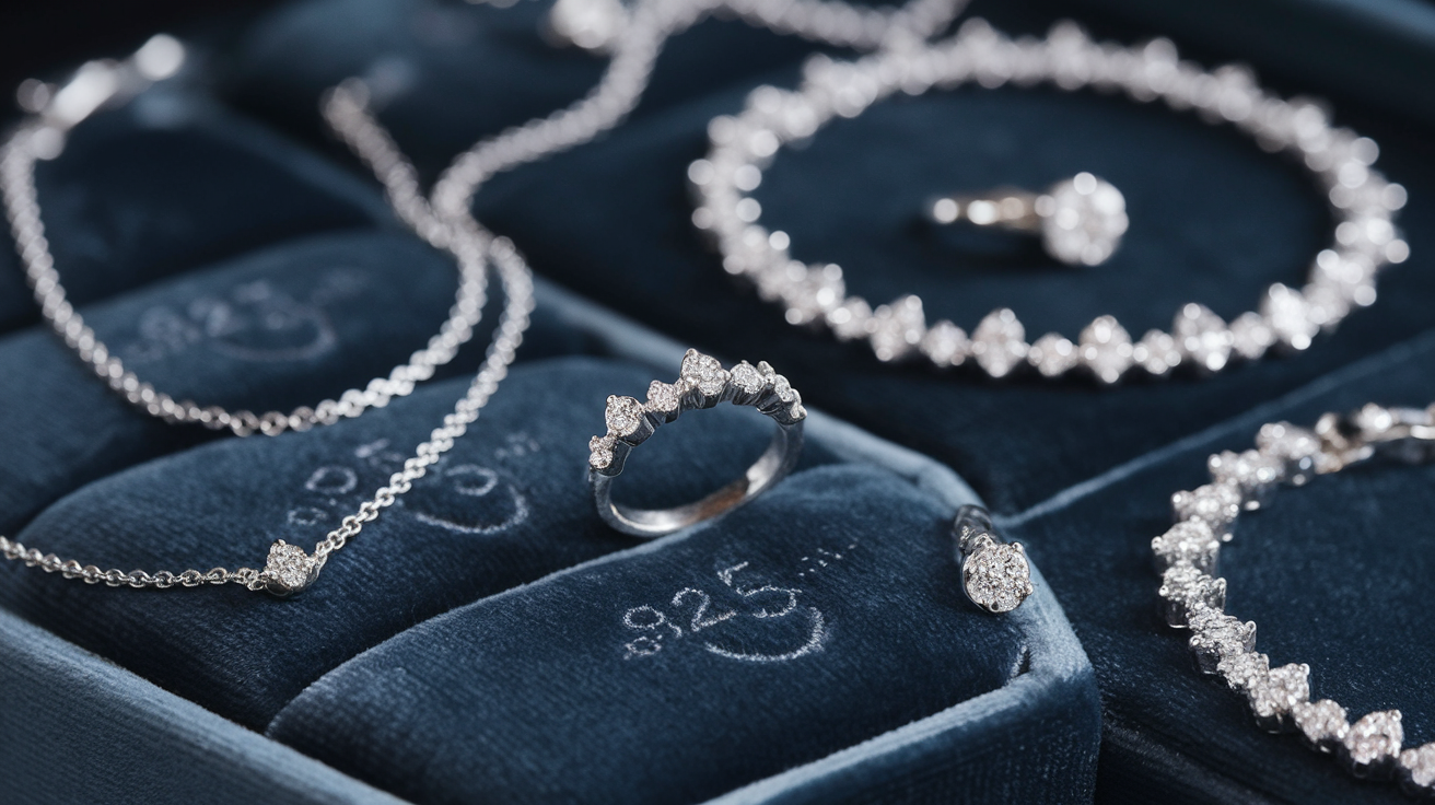 Create a realistic image of a close-up of polished 925 sterling silver jewelry pieces arranged artistically on a dark velvet surface, including a delicate necklace, ring, and bracelet with small hallmark stamps visible, with soft studio lighting highlighting the silver's lustrous shine and the "925" stamp, creating an elegant and premium feel.