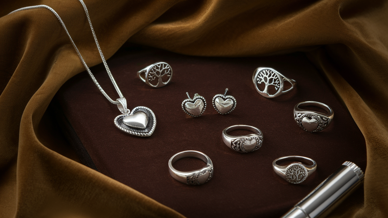 Create a realistic image of a detailed close-up of 925 sterling silver jewelry pieces, showing the "925" hallmark stamp visible on a polished surface, with a jeweler's loupe nearby, all arranged on a dark velvet cloth with soft, reflective lighting highlighting the metal's distinctive luster and quality.