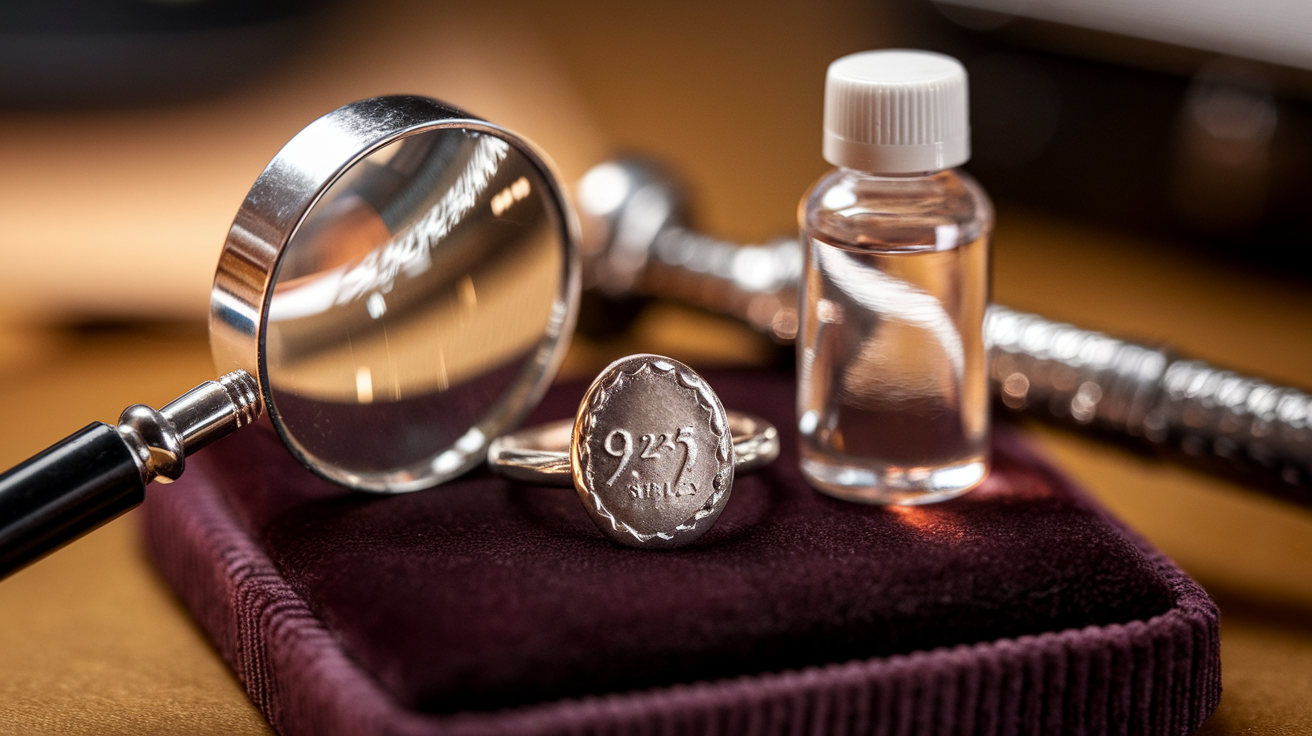 Create a realistic image of a close-up shot of a silver jewelry piece with clear "925" or "Sterling" hallmark stamp visible, alongside a magnifying glass, testing acid bottle, and a jeweler's loupe on a dark velvet cloth, with warm studio lighting highlighting the silver's distinctive luster and the authentication tools.