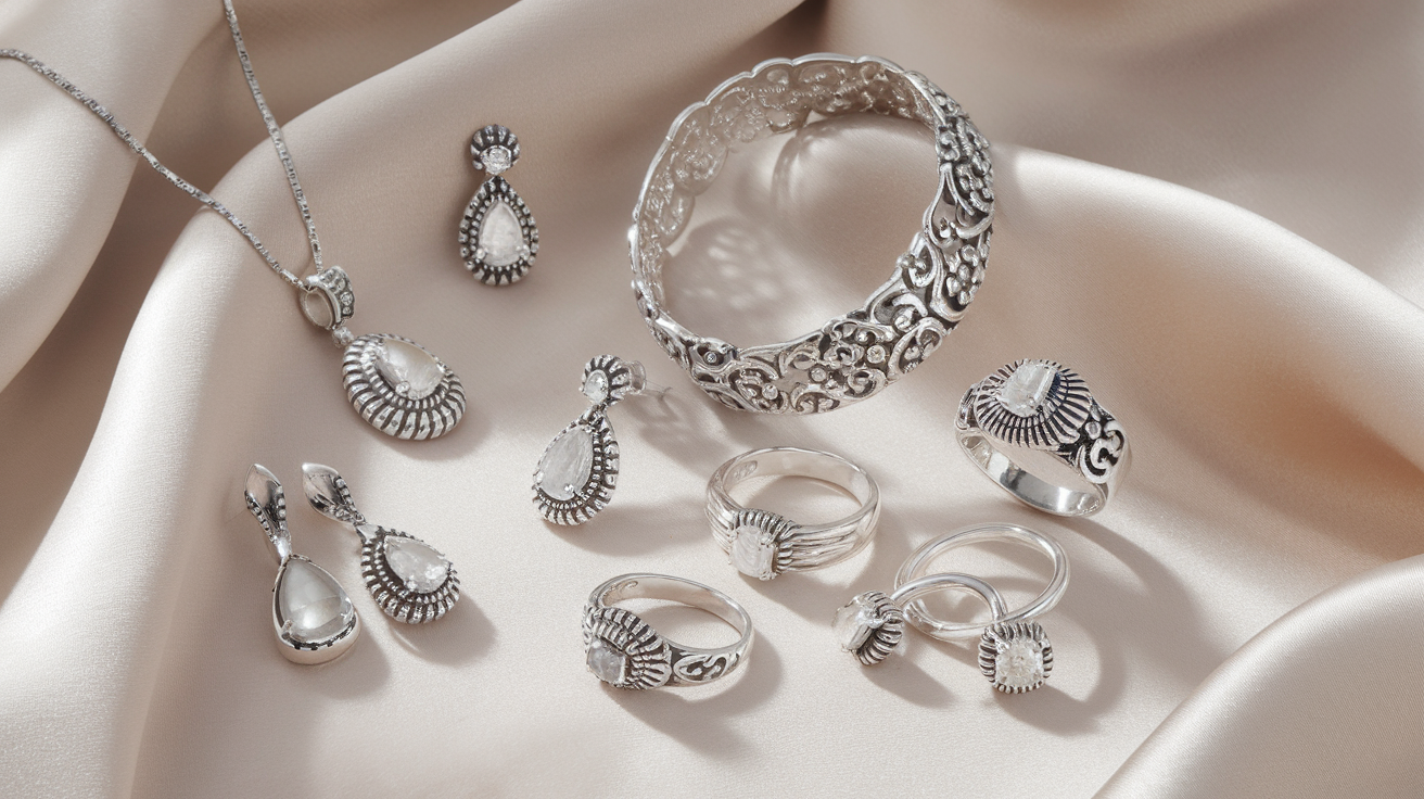 Create a realistic image of an elegant arrangement of diverse sterling silver jewelry pieces including necklaces, bracelets, rings, and earrings displayed on a soft white fabric, with some pieces catching light to showcase the distinctive shine and luster of 925 sterling silver, creating a sophisticated composition that highlights the versatility and timeless appeal of silver jewelry.