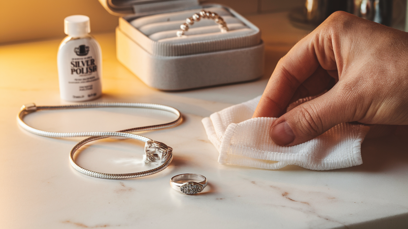 Create a realistic image of a polished sterling silver necklace and ring being gently cleaned with a soft microfiber cloth on a white marble countertop, with a small bottle of silver polish and a jewelry storage box in the background, warm ambient lighting highlighting the silver's lustrous shine, showing proper maintenance techniques for sterling silver jewelry.