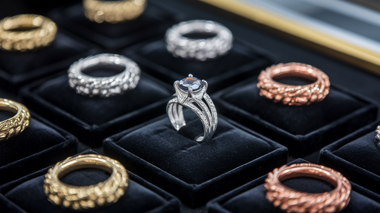 Create a realistic image of a professional jewelry display showcasing different metal types side by side, with 925 sterling silver prominently featured in the center, surrounded by gold, platinum, and copper pieces for comparison, on a black velvet surface with soft, gleaming lighting that highlights the unique luster and color differences between the metals.