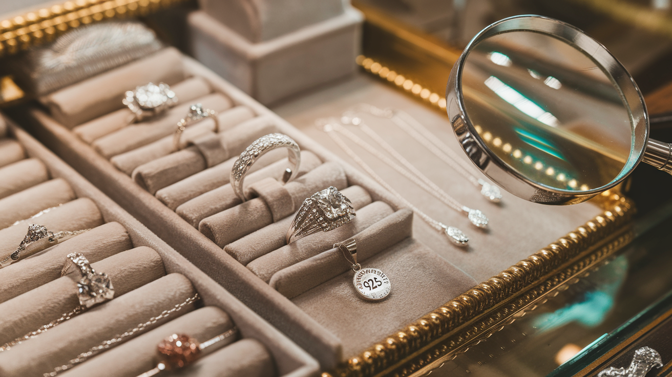 Create a realistic image of a jewelry counter with several pieces of sterling silver jewelry displayed on a velvet tray, including rings, necklaces, and bracelets, with a magnifying glass positioned nearby and a jeweler's loupe, showcasing the 925 hallmark stamp on a silver pendant, in warm retail lighting that highlights the lustrous shine of the silver.