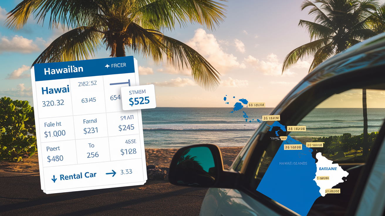Create a realistic image of a travel budget spreadsheet or calculator displaying Hawaii flight costs and rental car prices, with a Hawaiian beach and palm trees visible through a car window in the background, and a map of Hawaii islands with transportation routes highlighted, all bathed in warm tropical sunlight.