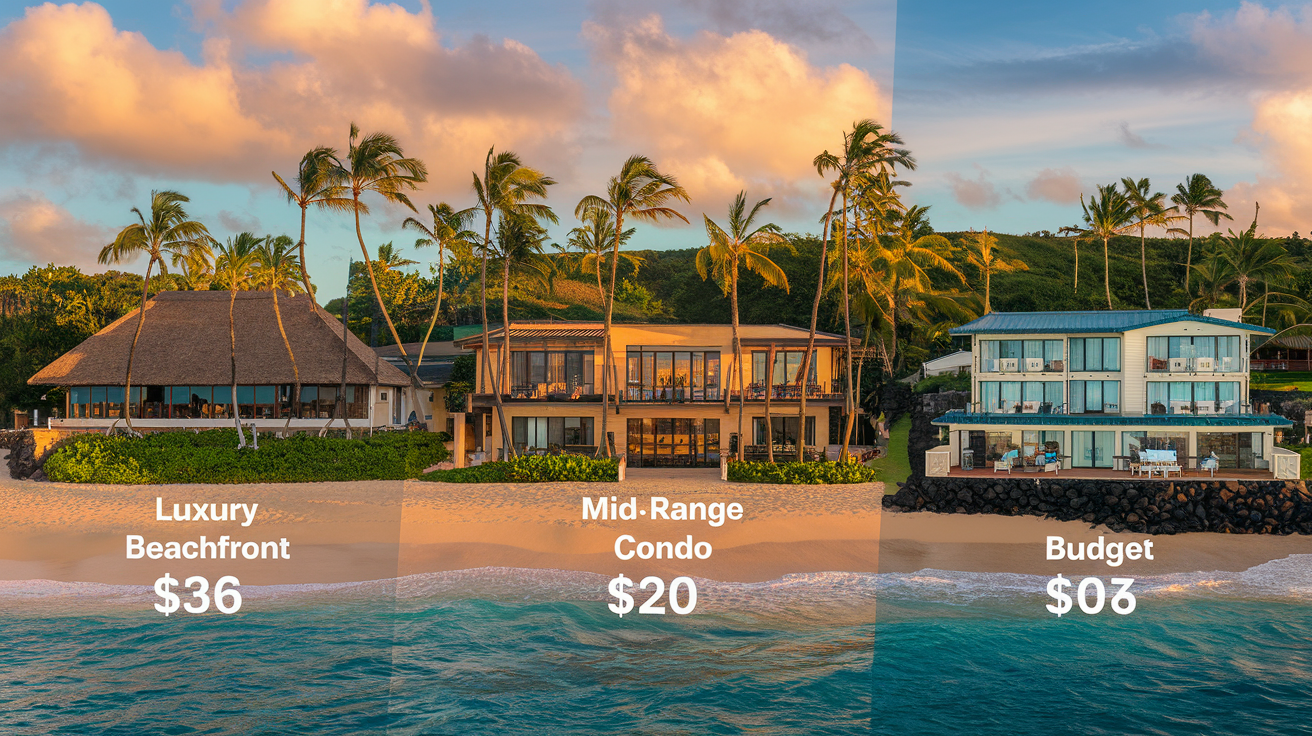 Create a realistic image of a Hawaiian resort with different accommodation options displayed side by side, showing a luxury beachfront hotel, a mid-range condo, and a budget hostel with clear price tags or cost indicators attached to each, set against a beautiful tropical beach backdrop with palm trees and turquoise waters during golden hour lighting.