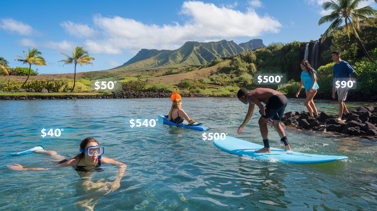 Create a realistic image of a diverse group of tourists enjoying Hawaiian activities on a sunny day, with a white female snorkeling in crystal-clear waters, a black male preparing for a surfing lesson, and an Asian couple hiking toward a waterfall in the distance, while price tags subtly float beside each activity showing various costs, all set against a beautiful Hawaiian landscape with palm trees and volcanic mountains.