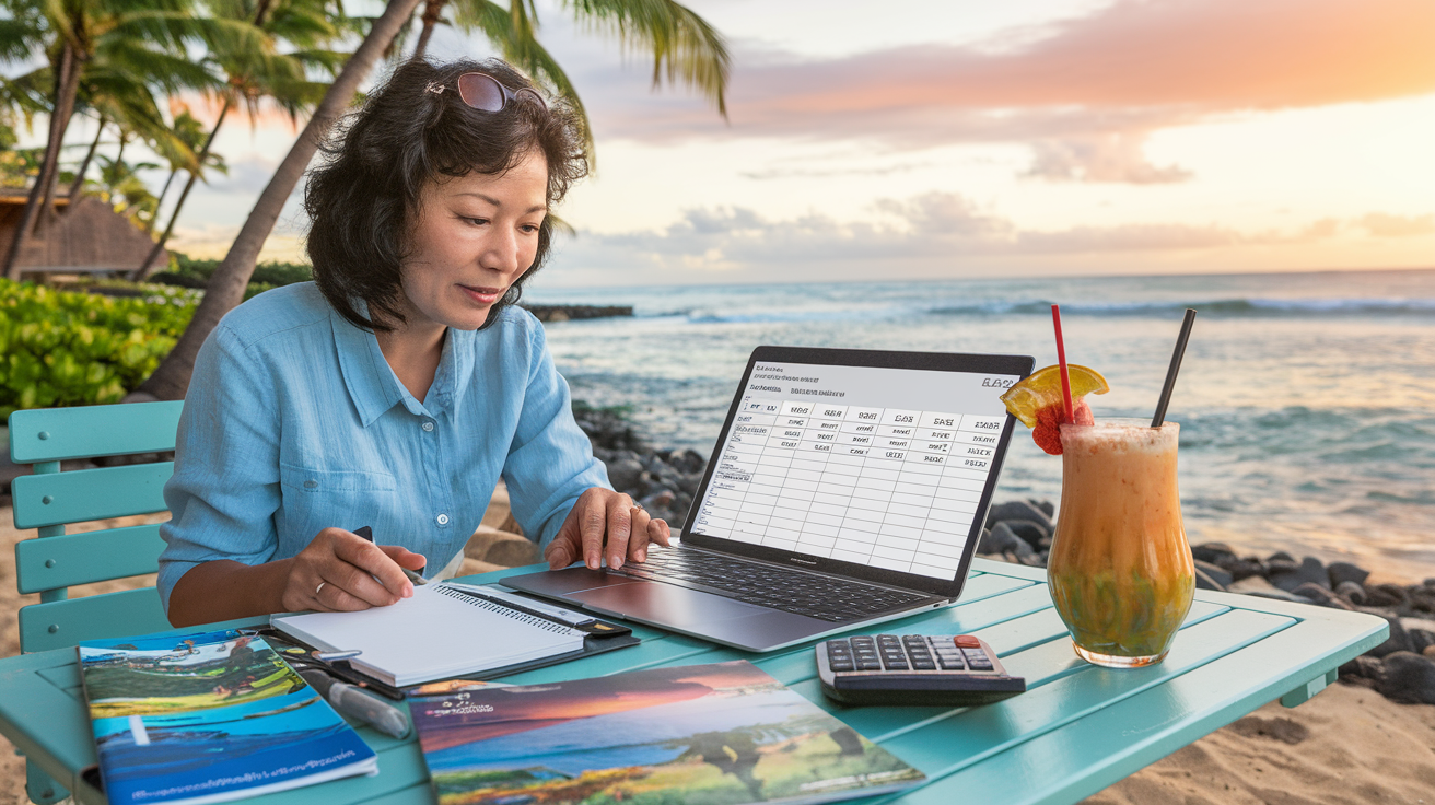 Create a realistic image of a middle-aged Asian female tourist sitting at a beachside table with a laptop, calculator, and notepad, creating a Hawaii vacation budget spreadsheet with expense categories visible on screen, ocean and palm trees in background, warm sunset lighting, travel brochures and a half-finished tropical drink on the table, conveying thoughtful financial planning in paradise.
