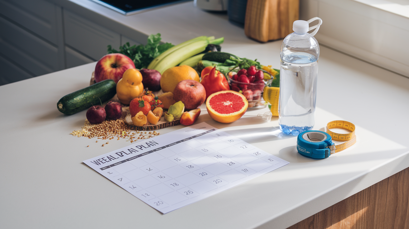 Create a realistic image of a neatly arranged weekly meal plan calendar with colorful fresh fruits, vegetables, and whole grains artfully displayed around it, a water bottle, and a tape measure symbolizing health measurements, all on a clean white kitchen counter with natural lighting streaming in, creating an inviting and motivational atmosphere for beginning a healthy eating journey.