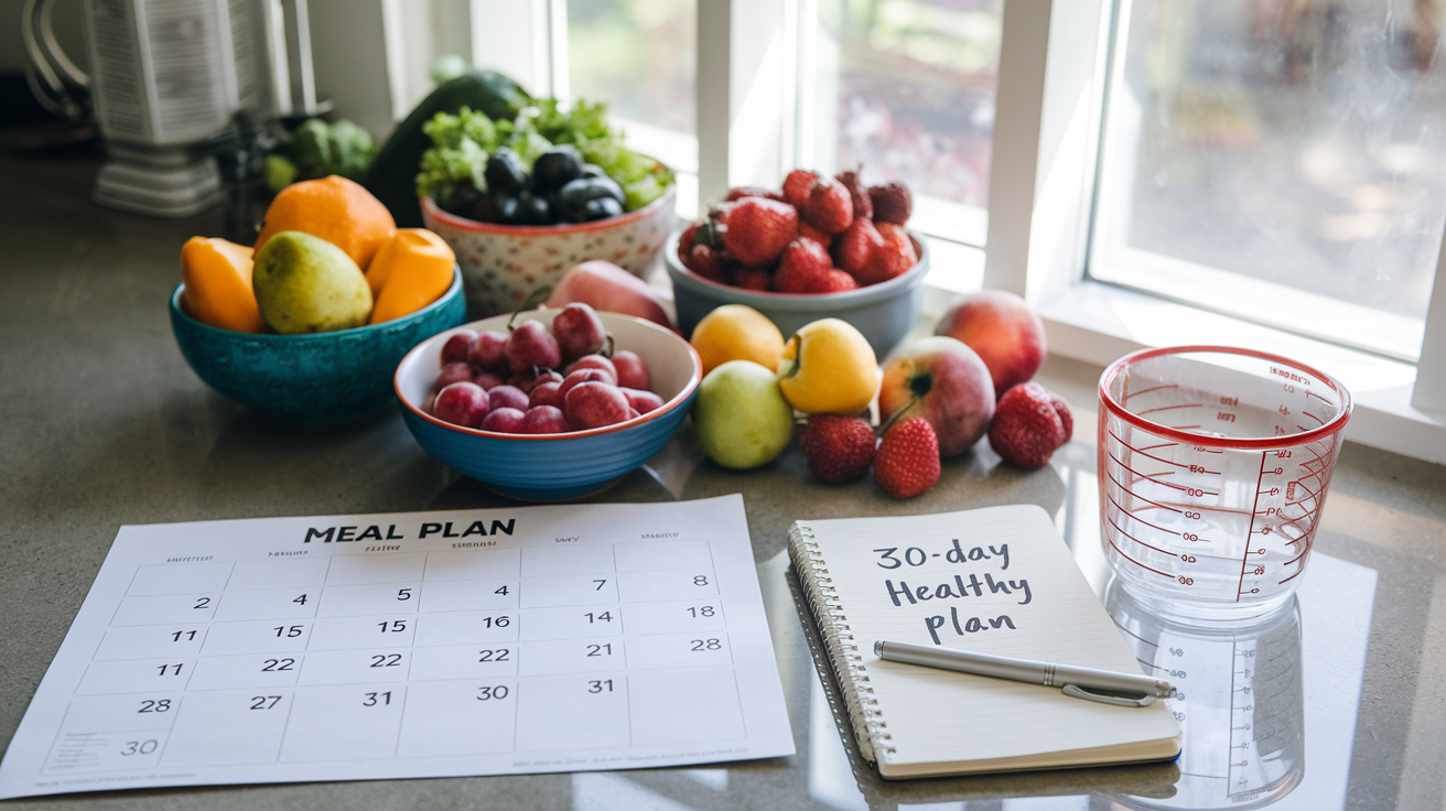 Create a realistic image of a kitchen countertop with a detailed meal plan calendar, colorful fruits and vegetables arranged in bowls, a measuring cup, and a notebook with a pen showing "30-Day Healthy Eating Plan" written on it, with natural light streaming through a window creating a bright, motivational atmosphere.