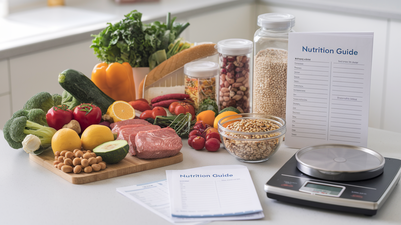 Create a realistic image of an organized kitchen countertop displaying a variety of healthy foods - colorful vegetables, lean proteins, whole grains, and healthy fats arranged in clear containers, with a nutrition guide and meal planning sheet visible to the side, a food scale nearby, and a bright, clean kitchen background suggesting an organized approach to nutritional fundamentals.