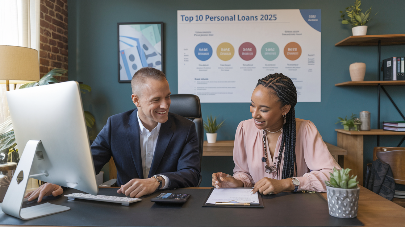 Create a realistic image of a professional office setting with two people, a white male loan officer and a black female client, sitting at a desk reviewing loan documents together. The desk has a computer screen displaying financial graphs and a calculator. In the background, there's a wall chart showing "Top 10 Personal Loans 2025" with co-applicant options highlighted. The scene is well-lit with a warm, approachable atmosphere.
