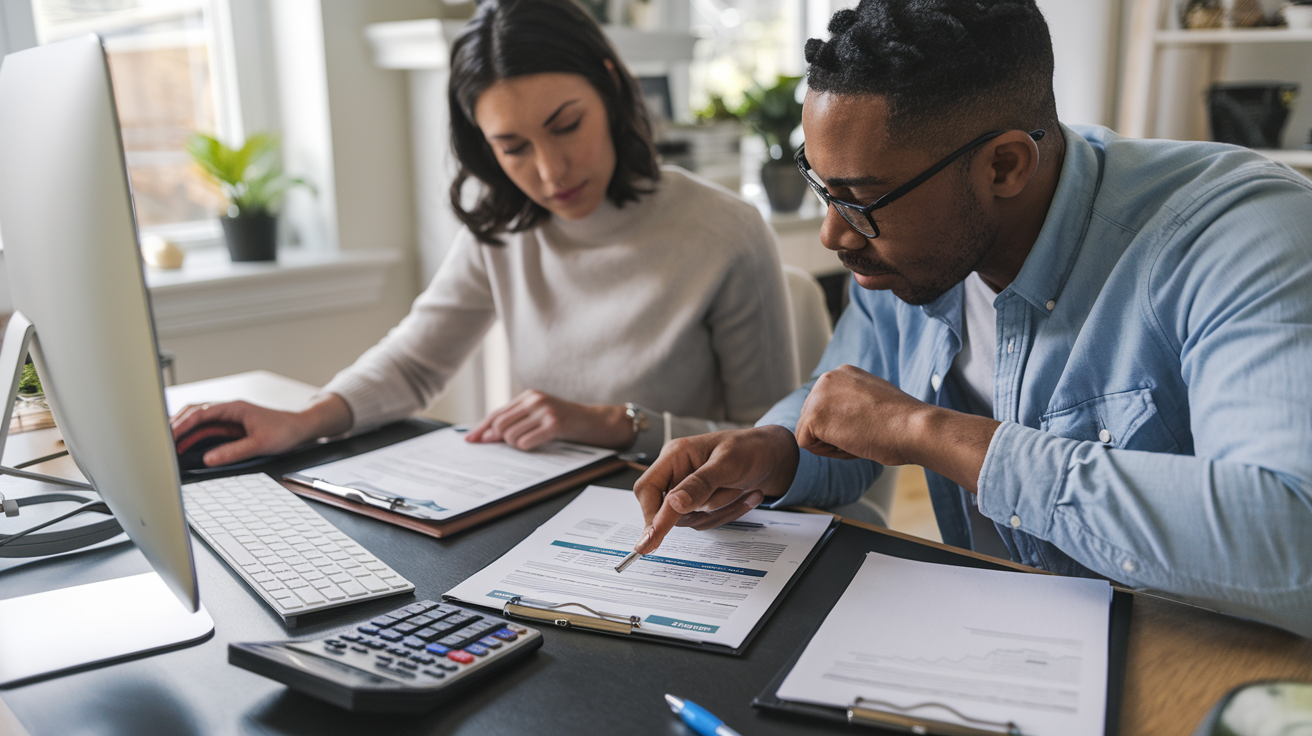 Create a realistic image of a white female and a black male sitting at a desk, examining financial documents and loan application forms. The scene is set in a well-lit home office with a computer visible. A calculator, pen, and notepad are on the desk. The mood is focused and collaborative, with both individuals pointing at specific areas on the documents.