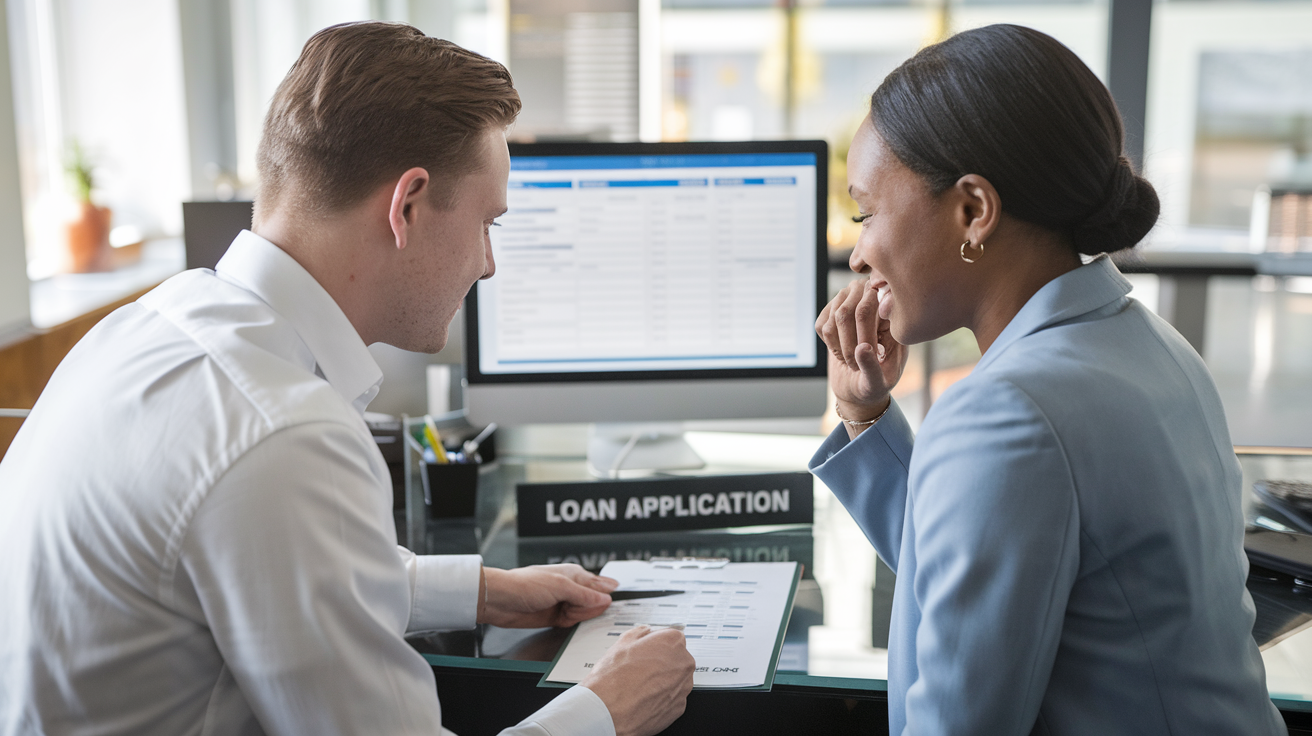 Create a realistic image of a white male and a black female sitting at a desk, reviewing loan application documents together. The man is pointing to a specific section on the form while the woman nods in understanding. A computer screen displaying financial information is visible in the background. The scene is set in a well-lit, professional office environment with a "Loan Application" sign visible on the desk.