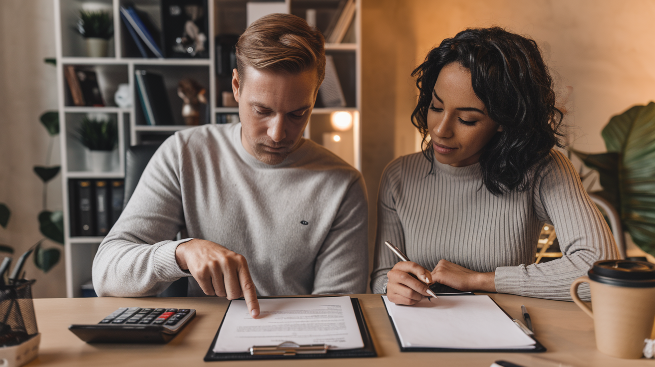Create a realistic image of a white male and a black female sitting at a desk, reviewing financial documents together. The man is pointing at a loan agreement while the woman takes notes. A calculator, pen, and coffee mug are visible on the desk. The background shows a modern home office with warm lighting, conveying a sense of collaboration and financial responsibility.