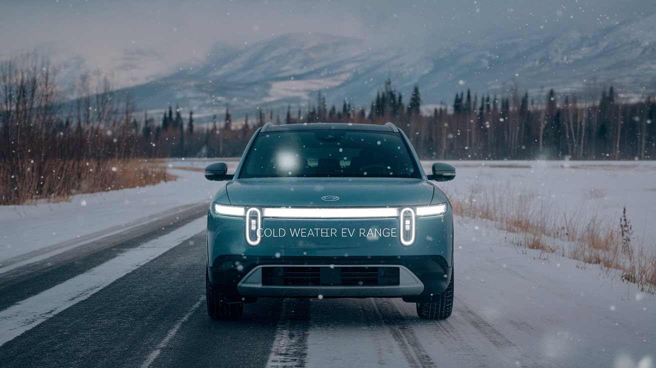 Create a realistic image of an electric vehicle driving on a snowy road with visible frost on the windows, surrounded by a wintry landscape with bare trees and snow-covered mountains in the background. The car's headlights are on, illuminating the falling snowflakes. A digital display inside the car shows a reduced range indicator. Include the text "Cold Weather EV Range" in a subtle overlay.