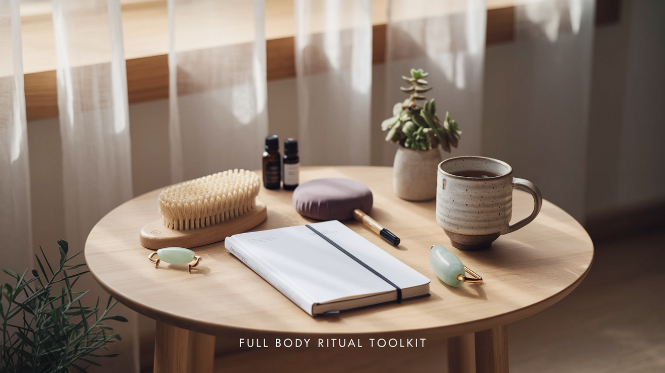 Create a realistic image of a serene wooden table with an artfully arranged self-care ritual toolkit including a dry brush, essential oil bottles, a meditation cushion, a journal, a ceramic mug of herbal tea, a jade roller, and a small potted plant, with soft natural light streaming through sheer curtains creating a peaceful morning atmosphere, and the text "Full Body Ritual Toolkit" appearing in elegant minimalist font at the bottom.