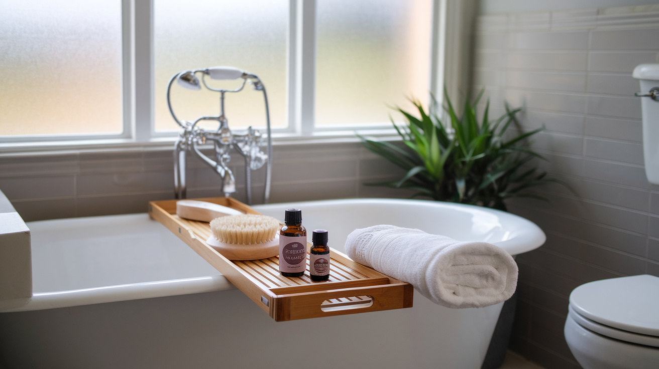 Create a realistic image of a serene bathroom setup with a wooden tray holding essential oils, a body brush, bath salts, and a white towel, arranged for a self-care ritual, with soft natural light streaming through frosted windows, creating a calm, nurturing atmosphere for body wellness and rejuvenation.
