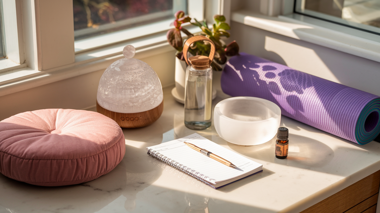 Create a realistic image of essential self-care tools laid out neatly on a white marble countertop, including a meditation cushion, journal, crystal singing bowl, essential oil diffuser, yoga mat rolled halfway, a glass water bottle, and a small potted plant, bathed in warm morning sunlight streaming through a window, creating a serene, inviting atmosphere for a morning wellness routine.