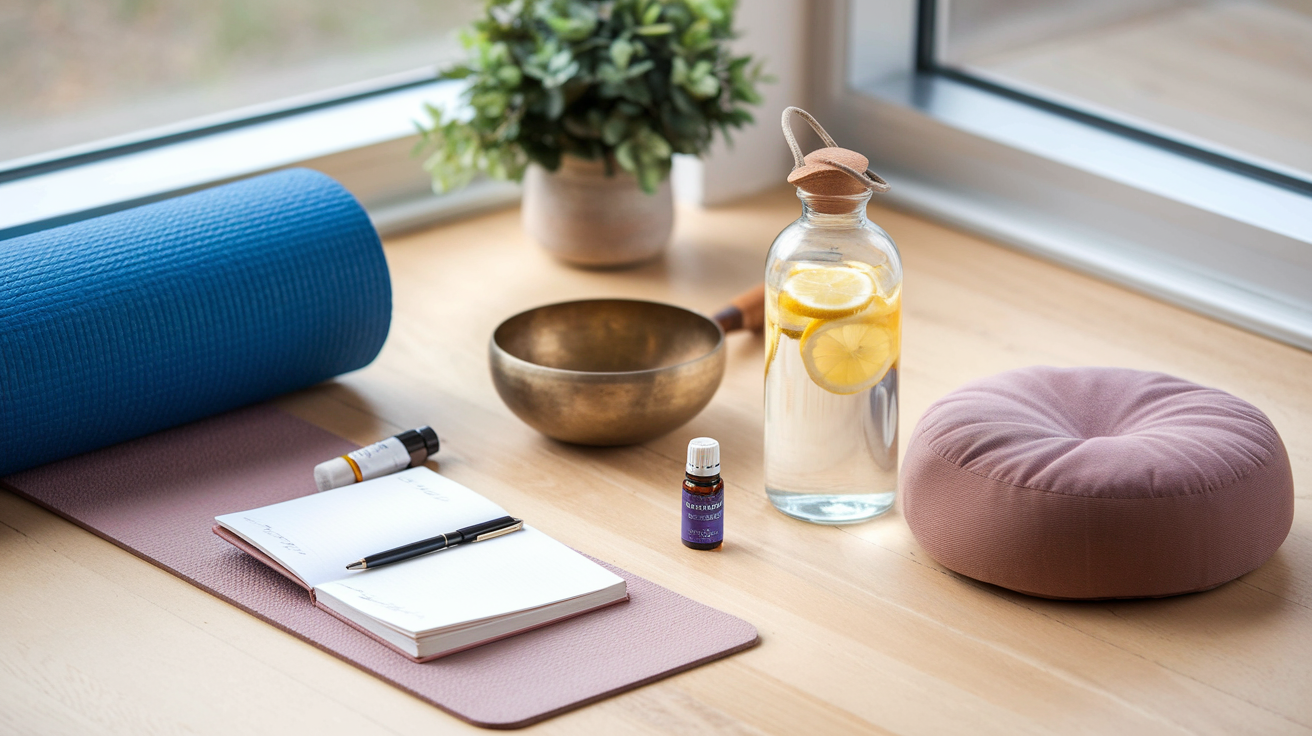 Create a realistic image of a serene midday self-care setup with a yoga mat, essential oils, a meditation cushion, a journal with pen, a glass water bottle with lemon slices, a small potted plant, a singing bowl, and a natural light-filled background, all arranged on a clean wooden floor beside a window, creating a peaceful atmosphere for a reset ritual.