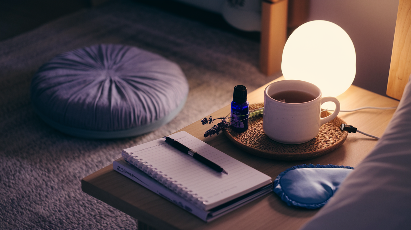 Create a realistic image of a cozy bedroom at dusk with soft lamplight illuminating a collection of evening ritual items on a wooden nightstand, including lavender essential oil, a white ceramic mug of herbal tea, a meditation cushion on the floor, a journal with pen, and a sleep mask, creating a peaceful atmosphere for winding down at the end of the day.