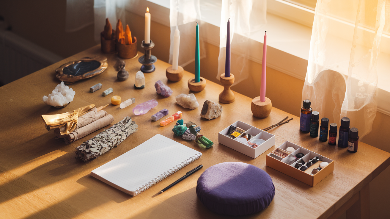 Create a realistic image of a wooden table with various personalized ritual items neatly arranged, including crystals, incense holders, candles of different colors, essential oils, a journal, sage bundles, a small meditation cushion, and customizable trinket boxes, all bathed in warm, golden sunlight streaming through a nearby window, creating a serene and inviting atmosphere for personal spiritual practice.