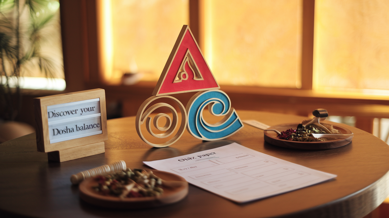 Create a realistic image of a serene Ayurvedic consultation setting with three distinct elements representing the Doshas: a swirling air symbol (Vata), a fiery red triangle (Pitta), and a flowing blue wave (Kapha) arranged in a balanced triangle formation on a wooden table, alongside a quiz paper and herbal remedies, with warm, natural lighting and the text "Discover Your Dosha Balance" visible on a small signboard.