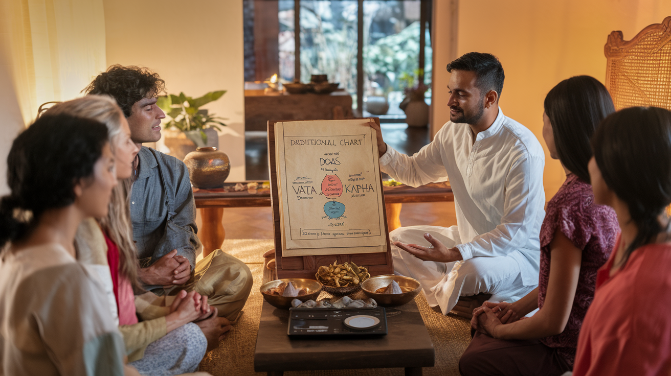 Create a realistic image of a serene Ayurvedic consultation scene with an Indian male practitioner explaining doshas using a traditional chart showing Vata, Pitta, and Kapha elements to a diverse group of patients, with warm lighting illuminating ancient texts, healing herbs, and a balance scale on a wooden table in a peaceful wellness center.