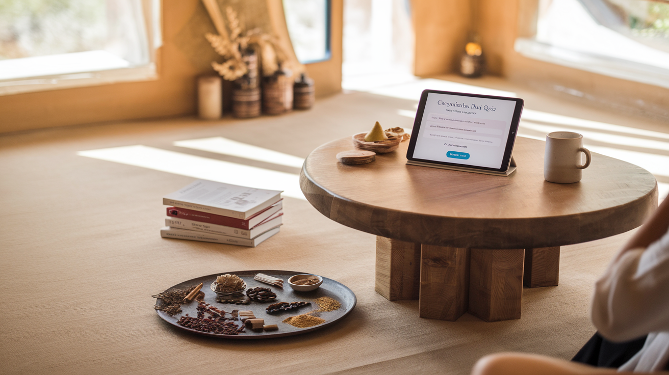 Create a realistic image of a serene wellness space where a person is completing a Dosha quiz on a wooden table, with Ayurvedic elements like herbs, oils, and spices arranged neatly nearby, natural light streaming through windows, warm earthy tones throughout, and a tablet displaying a questionnaire titled "Comprehensive Dosha Quiz" visible in the foreground.