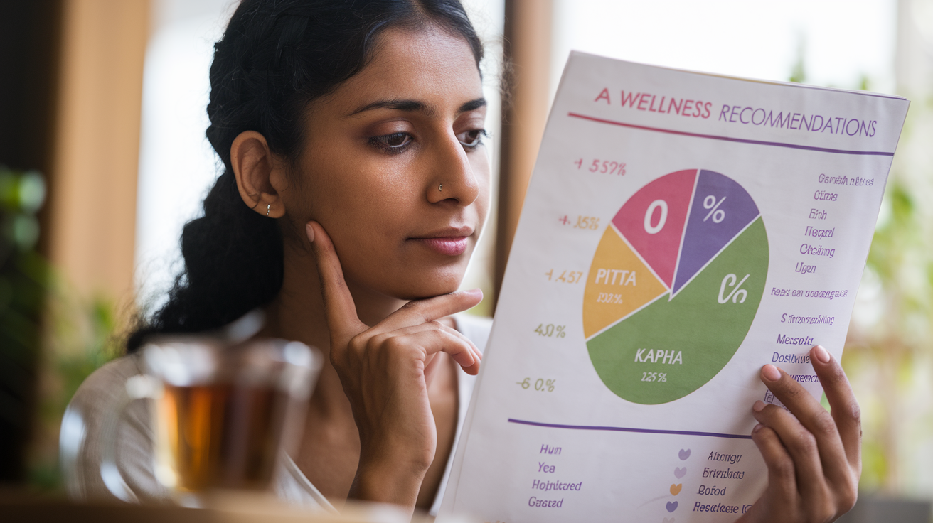 Create a realistic image of an Indian woman with a thoughtful expression examining a wellness chart or assessment results, showing color-coded Ayurvedic dosha types (Vata, Pitta, Kapha) with percentage indicators, a herbal tea cup nearby, soft natural lighting creating a calm atmosphere, and organized wellness recommendations visible on the side of the chart.