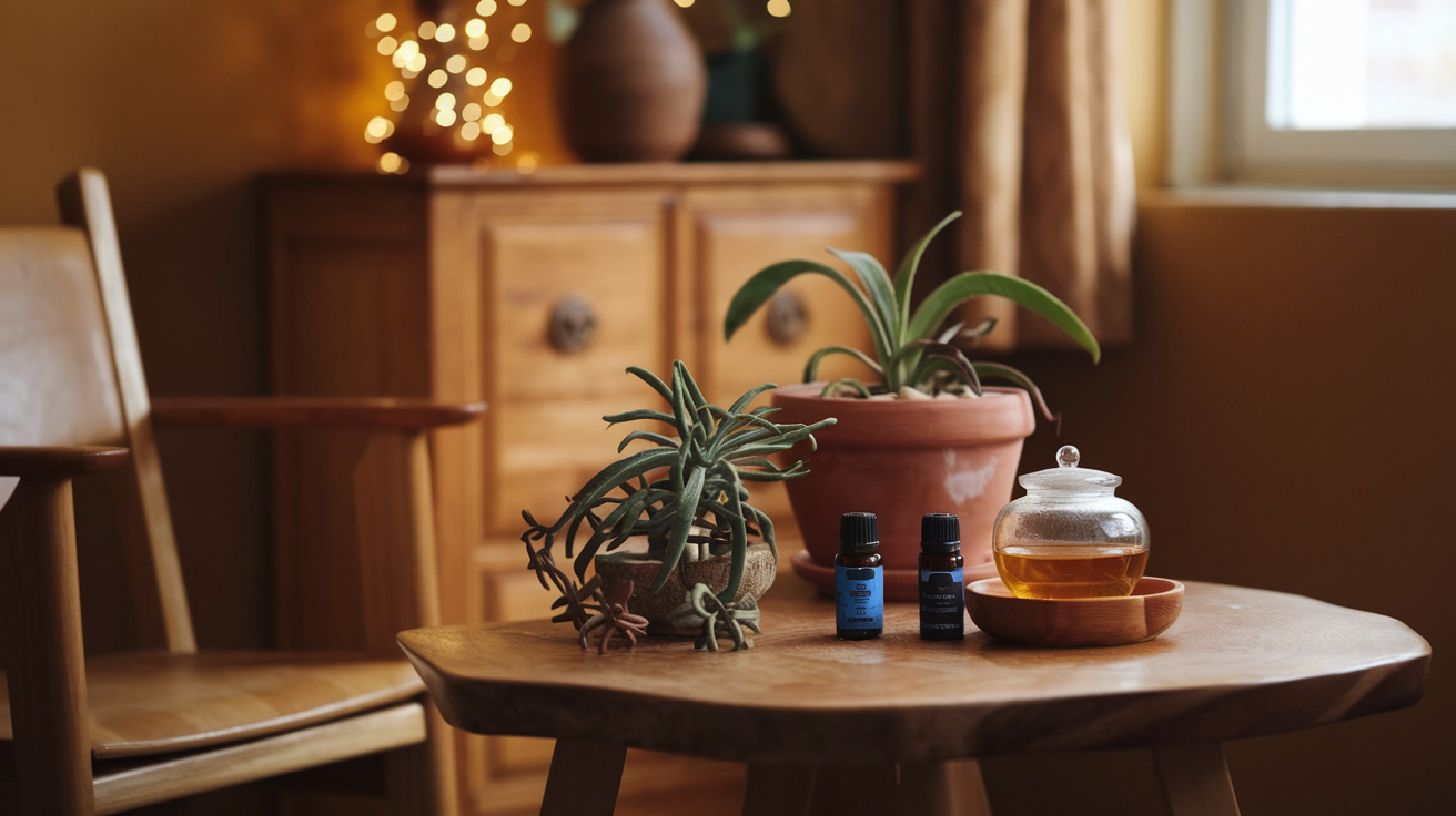 Create a realistic image of a calm, serene setting with natural elements like plants, essential oils, and herbal teas arranged on a wooden table, with a journal showing personalized Vata-balancing routines, warm lighting creating a cozy atmosphere, and soft earth tones dominating the scene to represent balance and grounding for Vata dosha management.